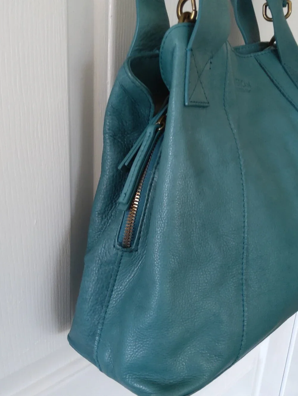 American Leather Co. Ada Triple Entry Learher Turquoise Satchel Crossbody Strap